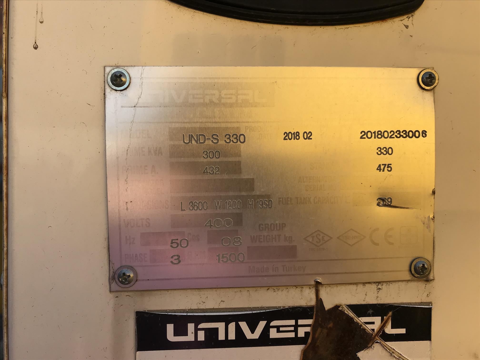 Universal 330 kVA, Sdec Motor, 2018 Model, 215 Saatte, Kabinli, Otomatik, Transfer Panosuz